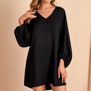 Long sleeve lantern v neck tunic dress high low mini black boho minimalist